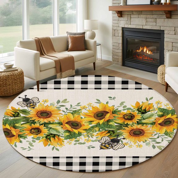 Round Area Rug 5ft Watercolor Sunflower Bee Green Leaves Area Rugs Washable Low Pile Floor Carpet for Bedroom, Black Buffalo Plaid Non Slip Soft Rugs for Living Room Entryway Dining Room