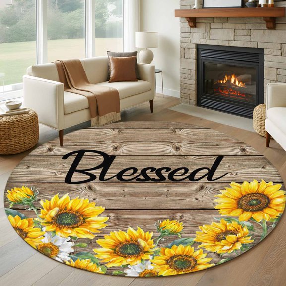 Round Area Rug 5ft Watercolor Sunflower Blessed Quote Area Rugs Washable Low Pile Floor Carpet for Bedroom, Farm Brown Wood Board Non Slip Soft Rugs for Living Room Entryway Dining Room