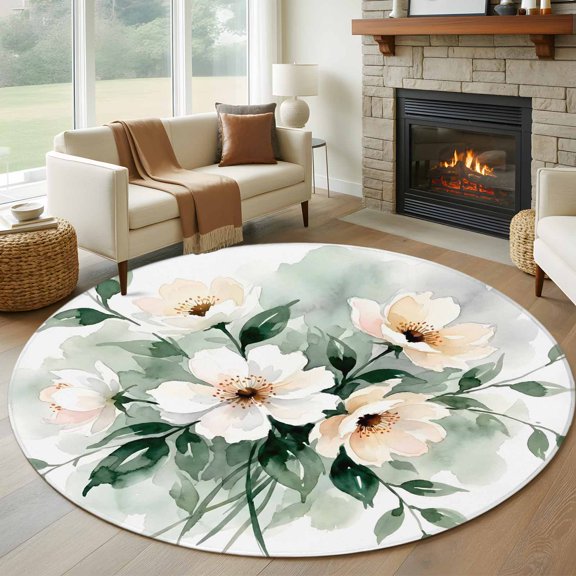 Round Area Rug 5ft Watercolor White Bloom Flowers Area Rugs Washable Low Pile Floor Carpet for Bedroom, Spring Floral Green Leaves Non Slip Soft Rugs for Living Room Entryway Dining Room