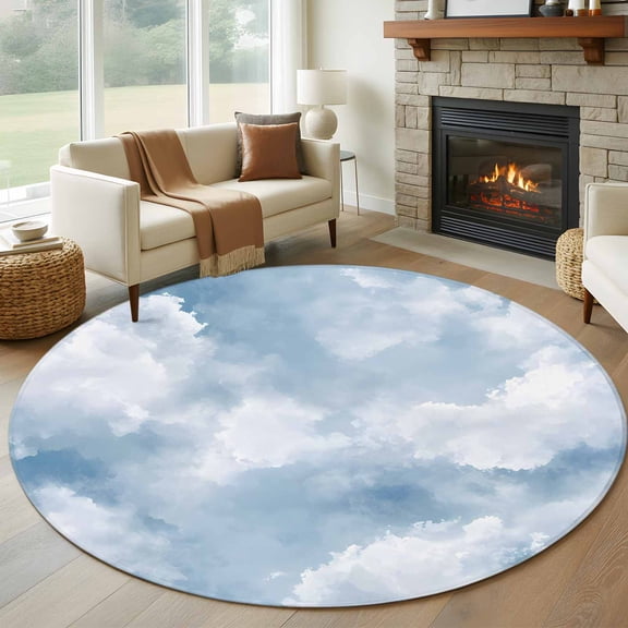 Round Area Rug 5ft Watercolor White Cloud Area Rugs Washable Low Pile Floor Carpet for Bedroom, Pastoral Sky Scenery Non Slip Soft Rugs for Living Room Entryway Dining Room