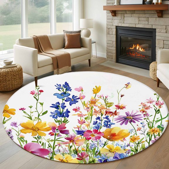 Round Area Rug 5ft Watercolor Wildflowers in Full Bloom Area Rugs Washable Low Pile Floor Carpet for Bedroom, Summer Rustic Floral Non Slip Soft Rugs for Living Room Entryway Dining Room