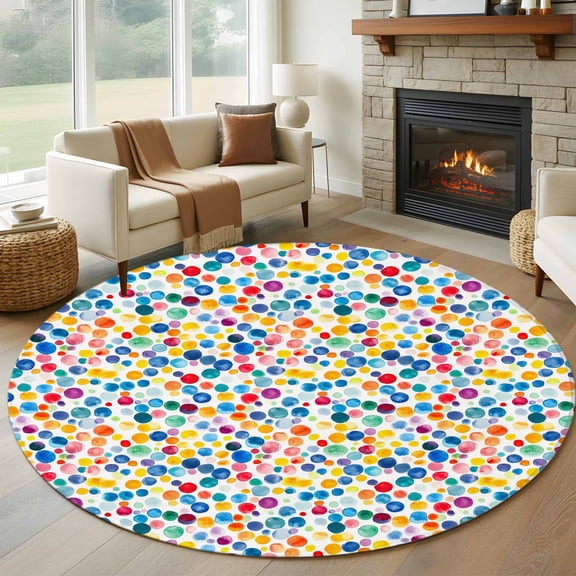 Round Area Rug 5ft Watercolor Yellow Blue Red Dots Area Rugs Washable Low Pile Floor Carpet for Bedroom, Colorful Rainbow Dots Non Slip Soft Rugs for Living Room Entryway Dining Room