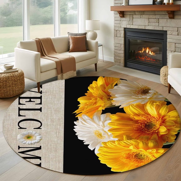 Round Area Rug 5ft Watercolor Yellow White Floral Area Rugs Washable Low Pile Floor Carpet for Bedroom, Vintage Welcome Quotes Non Slip Soft Rugs for Living Room Entryway Dining Room