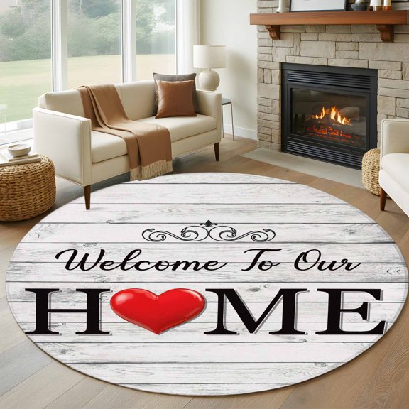 Round Area Rug 5ft Welcome to Our Home Quote Area Rugs Washable Low Pile Floor Carpet for Bedroom, Retro Farm Wood Grain Non Slip Soft Rugs for Living Room Entryway Dining Room