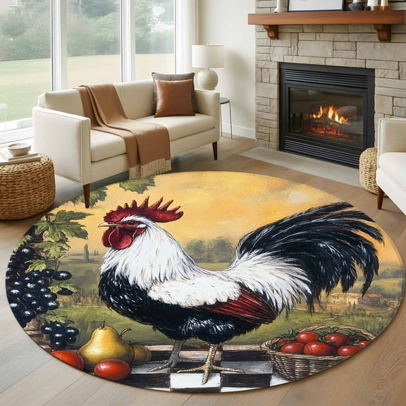 Round Area Rug 5ft White Black Rooster Fruit Trees Circle Kitchen Mats Non-Slip Oil Painting Washable Round Carpet for Kitchen Living Room Bedroom Home Decor