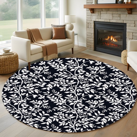 Round Area Rug 5ft White Leaves Floral Seamless Area Rugs Washable Low Pile Floor Carpet for Bedroom, Overlay Botanical on Black Non Slip Soft Rugs for Living Room Entryway Dining Room