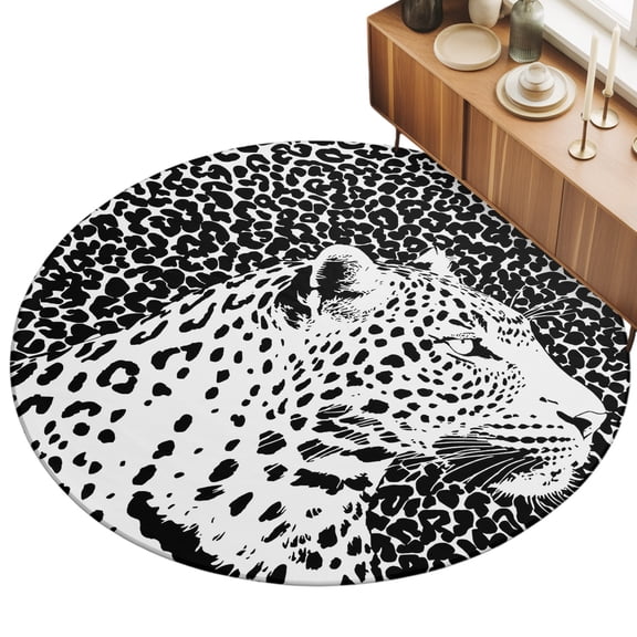 Round Area Rug 5ft White Leopard Floor Carpets Indoor Floor Area Mat Stain-Proof Mat Circle Rugs for Living Room Dining Room Kitchen Bedroom, Wild Portrait Animal Skin Fur Sofa Throw Carpet