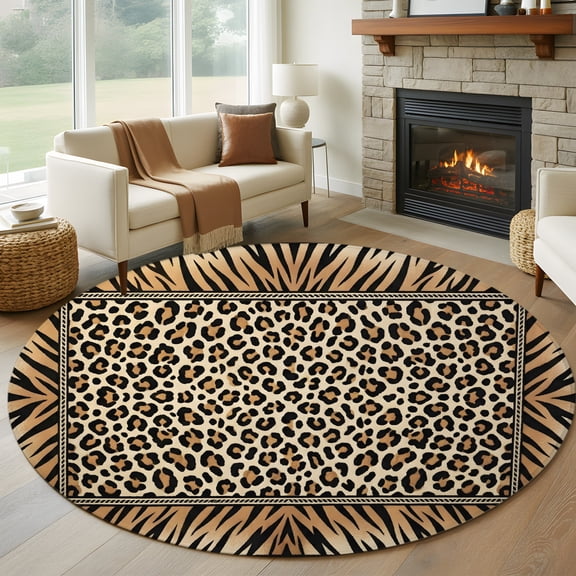 Round Area Rug 5ft Wildlife Leopard Spots Tiger Print Area Rugs Washable Low Pile Floor Carpet for Bedroom, Animal Brown Texture Non Slip Soft Rugs for Living Room Entryway Dining Room
