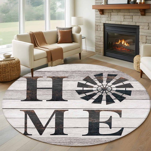 Round Area Rug 5ft Windmill Home Circle Kitchen Mats Non-Slip Retro Wood Grain Country Style Washable Round Carpet for Kitchen Living Room Bedroom Home Decor