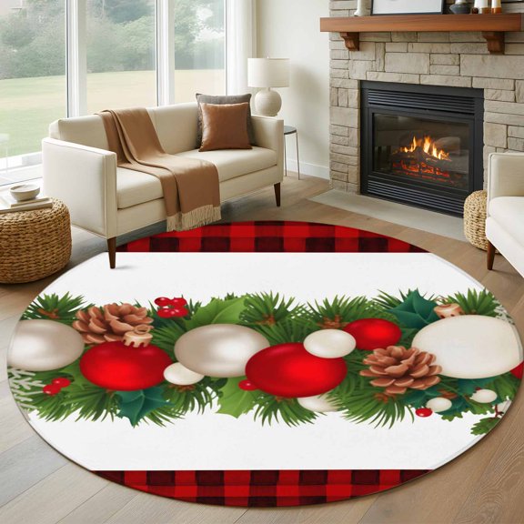 Round Area Rug 5ft Xmas Bell Pine Cone Leaves Area Rugs Washable Low Pile Floor Carpet for Bedroom, Red Black Buffalo Plaid Non Slip Soft Rugs for Living Room Entryway Dining Room