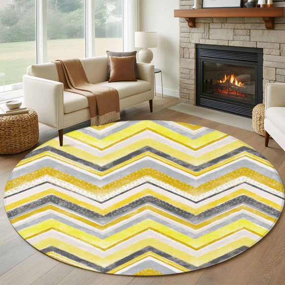 Round Area Rug 5ft Yellow Gray Gradient Zigzag Stripe Area Rugs Washable Low Pile Floor Carpet for Bedroom, Nordic Style Abstract Art Non Slip Soft Rugs for Living Room Entryway Dining Room