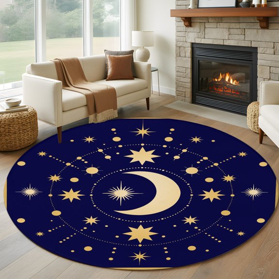 Round Area Rug 5ft Yellow Moon Star Area Rugs Washable Low Pile Floor Carpet for Bedroom, Abstract Polka Dot on Dark Blue Non Slip Soft Rugs for Living Room Entryway Dining Room
