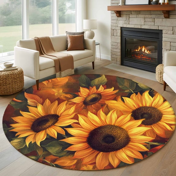 Round Area Rug 5ft Yellow Sunflower Circle Kitchen Mats Non-Slip Watercolor Floral Leaf Washable Round Carpet for Kitchen Living Room Bedroom Home Decor