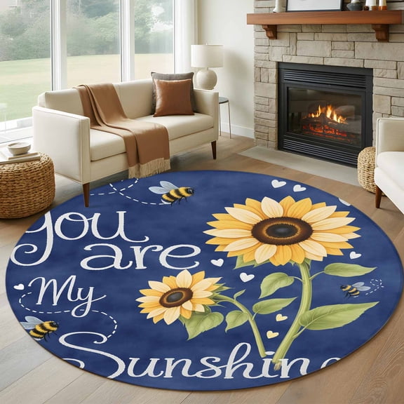 Round Area Rug 5ft You Are My Sunshine Words Area Rugs Washable Low Pile Floor Carpet for Bedroom, Farm Sunflowers Bee on Blue Non Slip Soft Rugs for Living Room Entryway Dining Room