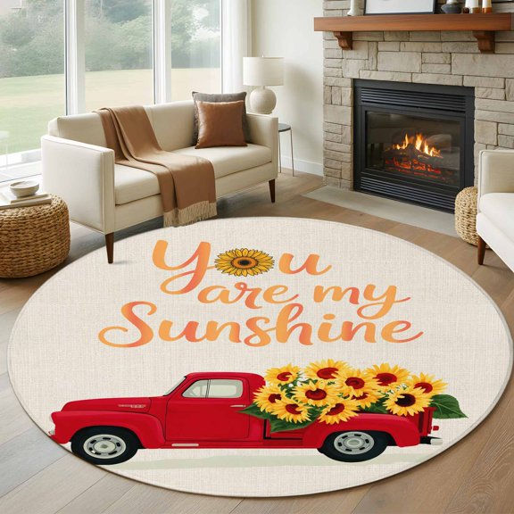 Round Area Rug 5ft You Are My Sunshine Words Area Rugs Washable Low Pile Floor Carpet for Bedroom, Farm Sunflowers on Red Truck Non Slip Soft Rugs for Living Room Entryway Dining Room