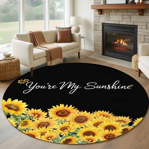 Round Area Rug 5ft You Are My Sunshine Words on Black Area Rugs Washable Low Pile Floor Carpet for Bedroom, Watercolor Sunflowers Non Slip Soft Rugs for Living Room Entryway Dining Room