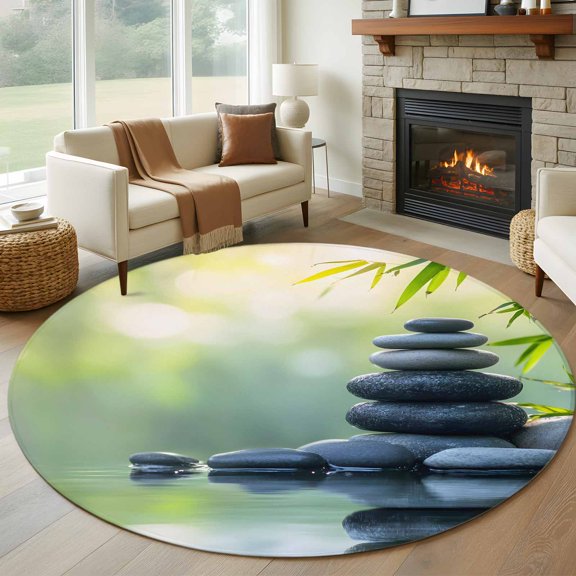 Round Area Rug 5ft Zen Meditation Stone Lake Area Rugs Washable Low Pile Floor Carpet for Bedroom, Nature Landscape Still Life Non Slip Soft Rugs for Living Room Entryway Dining Room