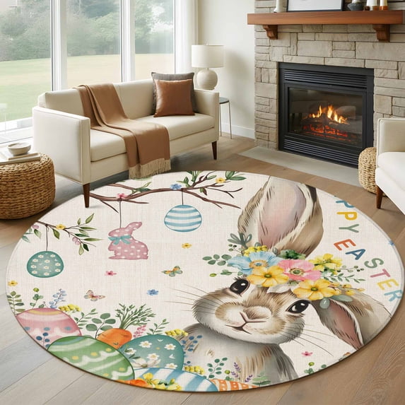 Round Area Rug 6 Ft, Beige Easter Bunny Washable Non-Slip Circle Carpet for Living Room/Bedroom, Spring Easter Eggs Floral Rustic Burlap Low-Profile Indoor Mats Collection Rugs for Residential