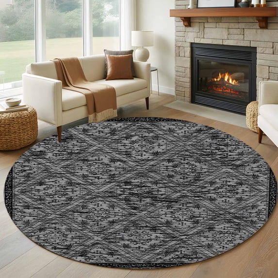 Round Area Rug 6 Ft, Black Flowers Washable Non-Slip Circle Carpet for Living Room/Bedroom, Spring Floral Farmhouse Retro Art Low-Profile Indoor Mats Collection Rugs for Residential