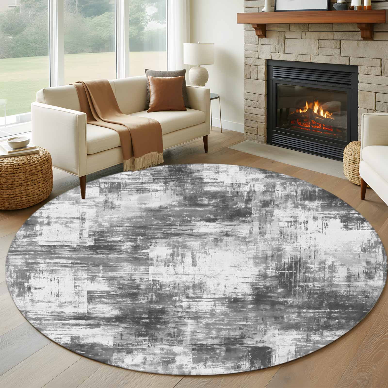 Round Area Rug 6 Ft, Black Grey Ombre Washable Non-Slip Circle Carpet for Living Room/Bedroom, Gradient Abstract Art Vintage Low-Profile Indoor Mats Collection Rugs for Residential