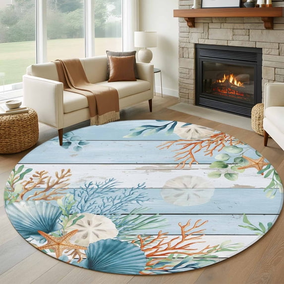 Round Area Rug 6 Ft, Blue Beach Coastal Washable Non-Slip Circle Carpet for Living Room/Bedroom, Summer Nautical Coral Shell Botanical Vintage Low-Profile Indoor Mats Collection Rugs for Residential