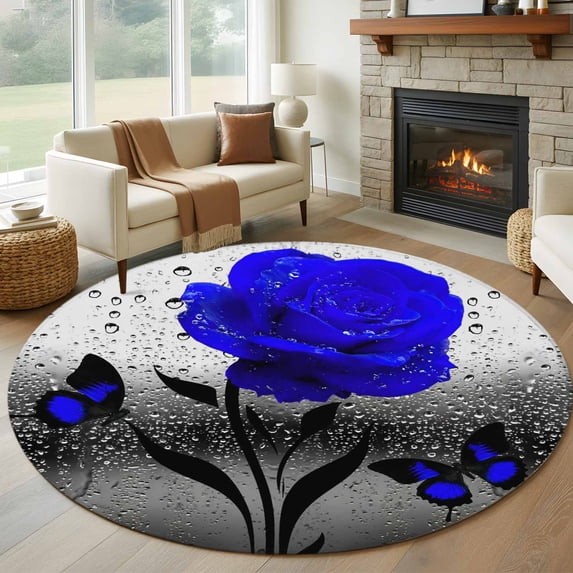 Round Area Rug 6 Ft, Blue Rose Washable Non-Slip Circle Carpet for Living Room/Bedroom, Flower Raindrops Butterfly Grey Art Low-Profile Indoor Mats Collection Rugs for Residential