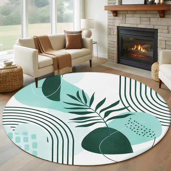 Round Area Rug 6 Ft, Boho Geometric Washable Non-Slip Circle Carpet for Living Room/Bedroom, Aqua Ethnic Abstract Stripes Leaves Low-Profile Indoor Mats Collection Rugs for Residential