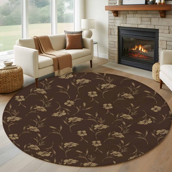 Round Area Rug 6 Ft, Brown Floral Washable Non-Slip Circle Carpet for Living Room/Bedroom, Vintage Spring Botanical Flowers Low-Profile Indoor Mats Collection Rugs for Residential
