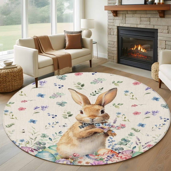 Round Area Rug 6 Ft, Bunny Easter Washable Non-Slip Circle Carpet for Living Room/Bedroom, Spring Floral Eggs Rabbits Rustic Low-Profile Indoor Mats Collection Rugs for Residential