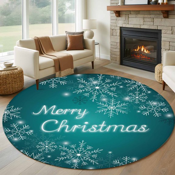 Round Area Rug 6 Ft,Christmas Snowflake Non Slip Area Rugs for Living Room,Ombre Turquoise Teal Winter Xmas Gradient Washable Low Pile Circle Floor Carpet for Indoor Dining Room Bedroom Nursery Decor