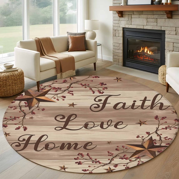 Round Area Rug 6 Ft, Country Star Brown Washable Non-Slip Circle Carpet for Living Room/Bedroom, Farmhouse Vintage Plants Wooden Low-Profile Indoor Mats Collection Rugs for Residential