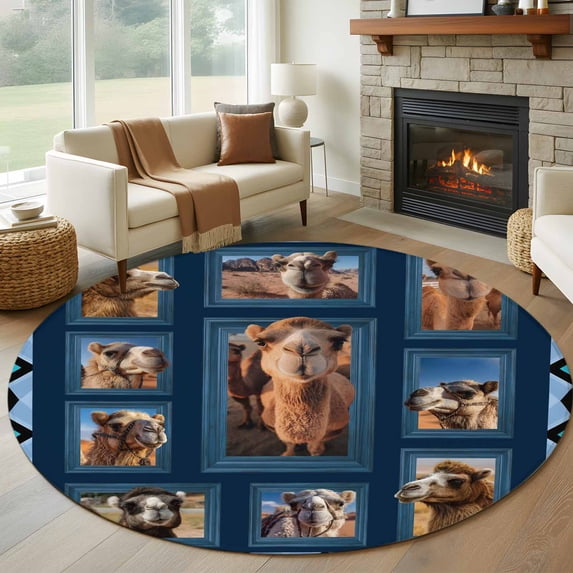 Round Area Rug 6 Ft, Desert Camels Washable Non-Slip Circle Carpet for Living Room/Bedroom, Wildlife Brown Animals Blue Geometric Low-Profile Indoor Mats Collection Rugs for Residential