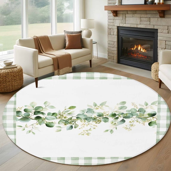 Round Area Rug 6 Ft, Eucalyptus Leaves Washable Non-Slip Circle Carpet for Living Room/Bedroom, Sage Green Plaid Watercolor Low-Profile Indoor Mats Collection Rugs for Residential