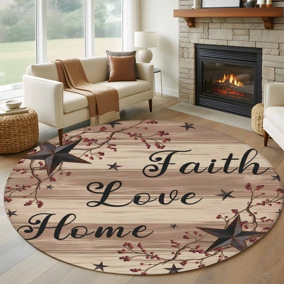 Round Area Rug 6 Ft, Farmhouse Star Brown Washable Non-Slip Circle Carpet for Living Room/Bedroom, Retro Branches Berry Wooden Grain Low-Profile Indoor Mats Collection Rugs for Residential