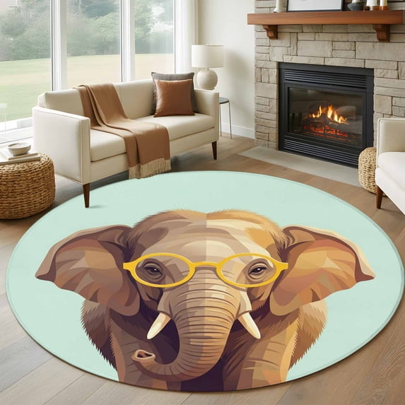 Round Area Rug 6 Ft, Green Elephants Washable Non-Slip Circle Carpet for Living Room/Bedroom, Funny Animals Modern Art Low-Profile Indoor Mats Collection Rugs for Residential