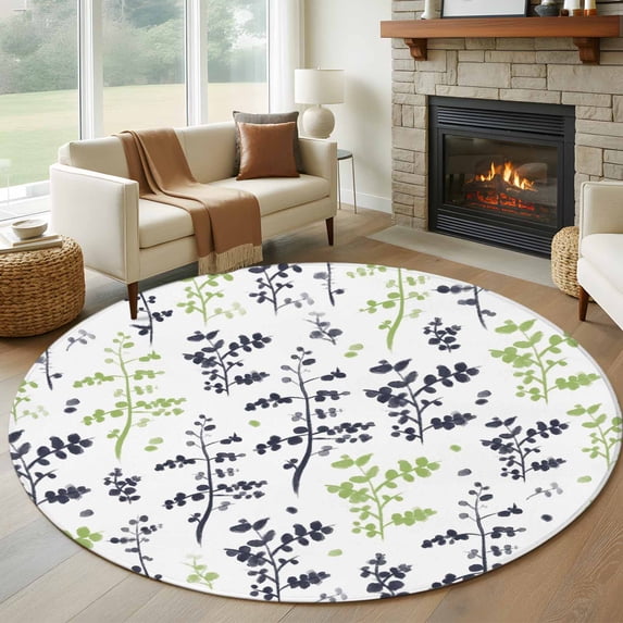 Round Area Rug 6 Ft, Grey Green Botanical Washable Non-Slip Circle Carpet for Living Room/Bedroom, Watercolor Spring Floral Summer Leaf Low-Profile Indoor Mats Collection Rugs for Residential