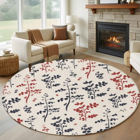 Round Area Rug 6 Ft, Grey Red Botanical Washable Non-Slip Circle Carpet for Living Room/Bedroom, Rustic Country Spring Floral Summer Leaf Low-Profile Indoor Mats Collection Rugs for Residential