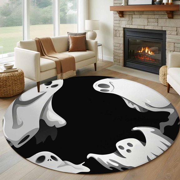 Round Area Rug 6 Ft, Halloween Washable Non-Slip Circle Carpet for Living Room/Bedroom, Cartoon Scary Ghost Black Low-Profile Indoor Mats Collection Rugs for Residential