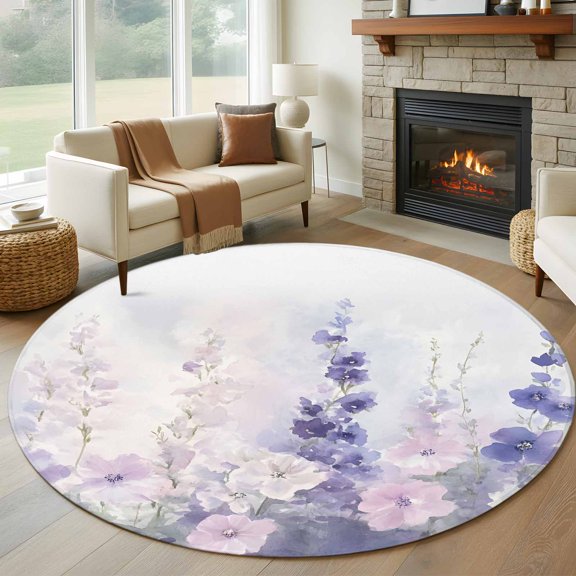 Round Area Rug 6 Ft, Lavender Non Slip Area Rugs for Living Room, Pastoral Pastel Purple Pink Wildflower Washable Low Pile Circle Floor Carpet for Indoor Dining Room Bedroom Nursery Decor
