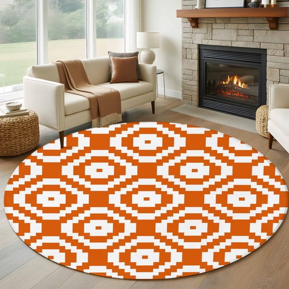Round Area Rug 6 Ft, Orange White Geometric Washable Non-Slip Circle Carpet for Living Room/Bedroom, Modern Abstract Art Low-Profile Indoor Mats Collection Rugs for Residential