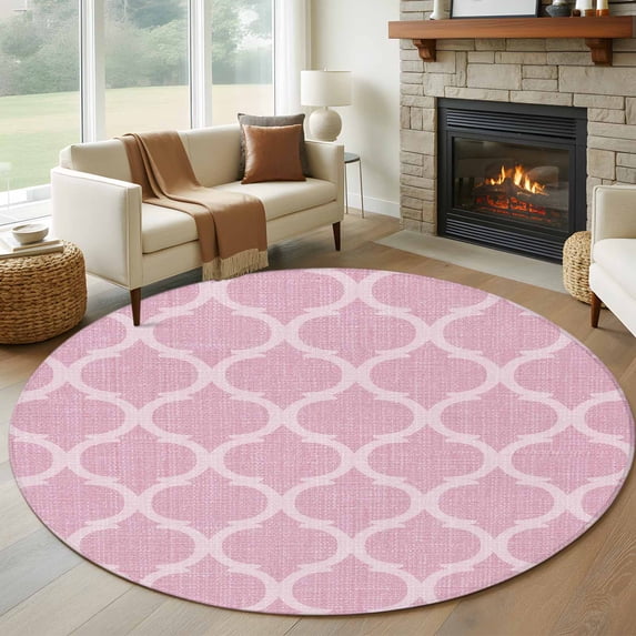 Round Area Rug 6 Ft, Pink Morocco Washable Non-Slip Circle Carpet for Living Room/Bedroom, Moroccan Boho Ethnic Abstract Grid Art Low-Profile Indoor Mats Collection Rugs for Residential