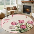 thumbnail image 1 of Round Area Rug 6 Ft, Pink Tulip Washable Non-Slip Circle Carpet for Living Room/Bedroom, Spring Floral Romantic Flowers Modern Art Rustic Low-Profile Indoor Mats Collection Rugs for Residential, 1 of 8