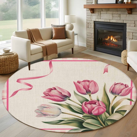 Round Area Rug 6 Ft, Pink Tulip Washable Non-Slip Circle Carpet for Living Room/Bedroom, Spring Floral Romantic Flowers Modern Art Rustic Low-Profile Indoor Mats Collection Rugs for Residential