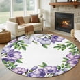 thumbnail image 1 of Round Area Rug 6 Ft, Purple Flowers Washable Non-Slip Circle Carpet for Living Room/Bedroom, Spring Watercolor Floral Leaves Plants Low-Profile Indoor Mats Collection Rugs for Residential, 1 of 7