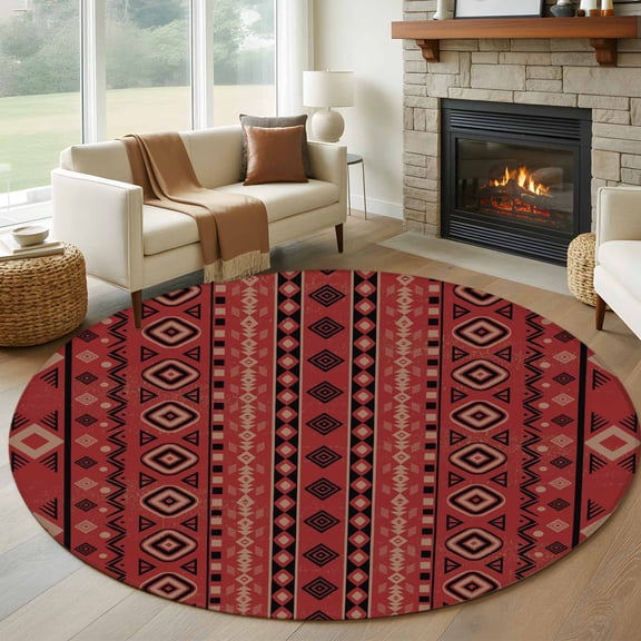 Round Area Rug 6 Ft, Red Boho Southwestern Washable Non-Slip Circle Carpet for Living Room/Bedroom, Farmhouse Aztec Tribe Ethnic Motifs Low-Profile Indoor Mats Collection Rugs for Residential