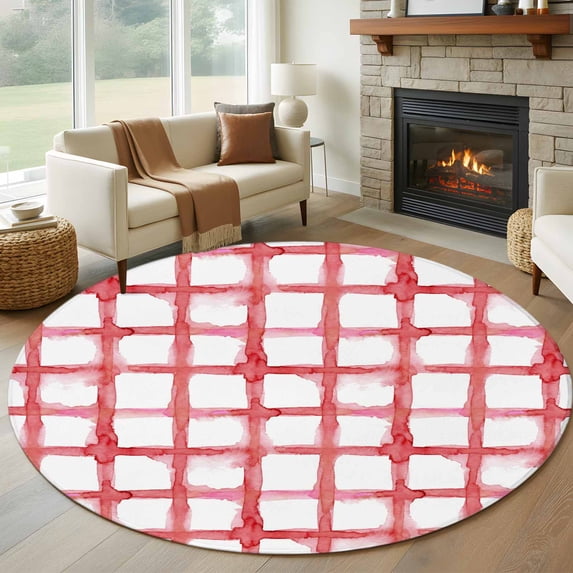 Round Area Rug 6 Ft, Red Buffalo Plaid Washable Non-Slip Circle Carpet for Living Room/Bedroom, Farmhouse Check Stripes Retro Geometric Low-Profile Indoor Mats Collection Rugs for Residential