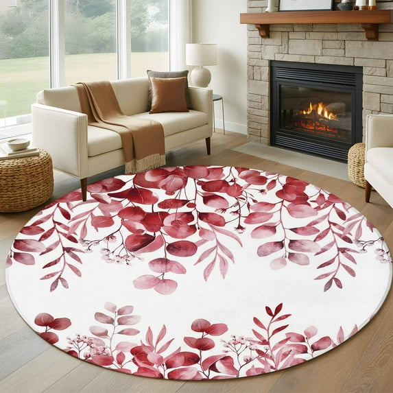 Round Area Rug 6 Ft, Red Eucalyptus Leaves Washable Non-Slip Circle Carpet for Living Room/Bedroom, Spring Summer Botanical Low-Profile Indoor Mats Collection Rugs for Residential