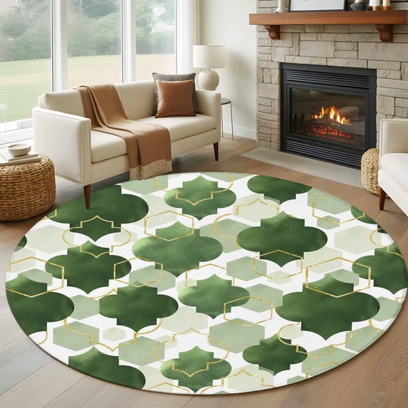 Round Area Rug 6 Ft, Sage Green Geometric Moroccan Washable Non-Slip Circle Carpet for Living Room/Bedroom, Abstract Art Ombre Modern Low-Profile Indoor Mats Collection Rugs for Residential