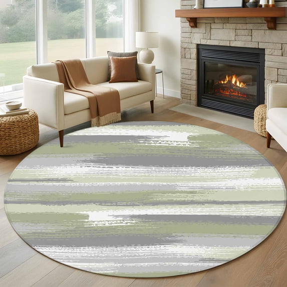 Round Area Rug 6 Ft, Sage Green Washable Non-Slip Circle Carpet for Living Room/Bedroom, Modern Abstract Grey Striped Art Low-Profile Indoor Mats Collection Rugs for Residential