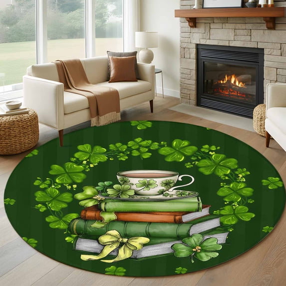 Round Area Rug 6 Ft, St. Patrick’s Day Shamrock Washable Non-Slip Circle Carpet for Living Room/Bedroom, Dark Green Books Cups Lucky Leaf Low-Profile Indoor Mats Collection Rugs for Residential